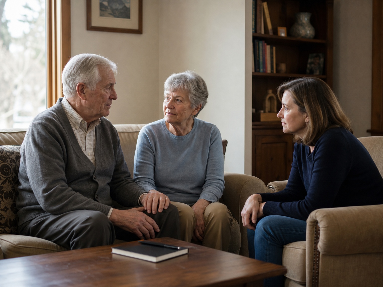 A husband and wife in their late seventies talk with their adult daughter in the living room.