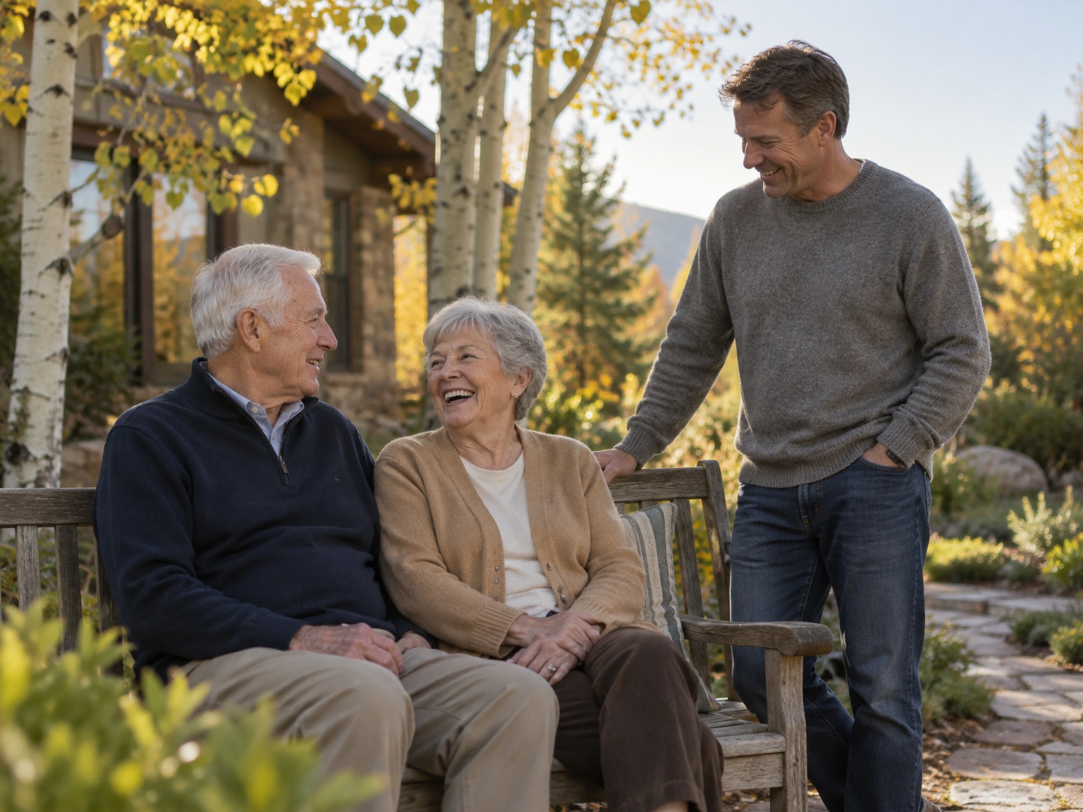 A couple in their late seventies laughing together on a garden bench at their Colorado home, their adult son standing beside them.
