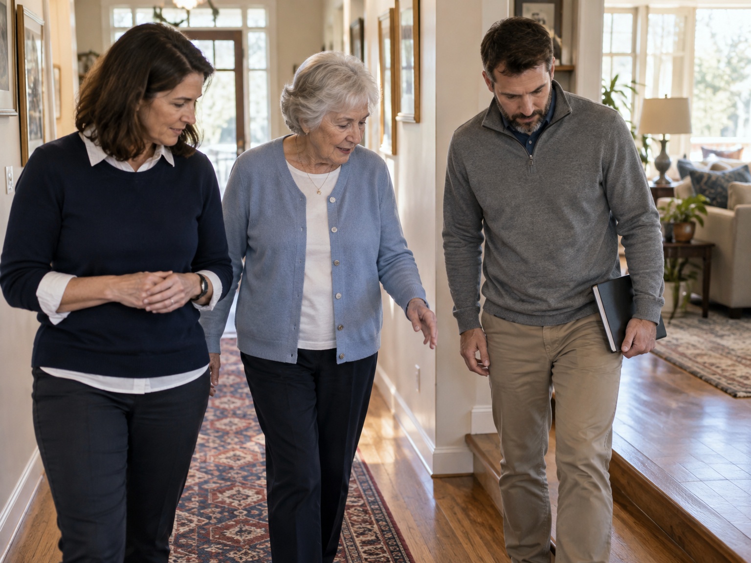 An Accessum nurse and an occupational therapist walk through a woman's home with her as she shows them around.