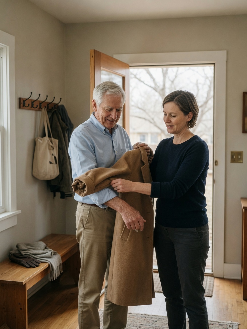 A household coordinator helps a man in his late seventies into his coat in the front hall before a walk.