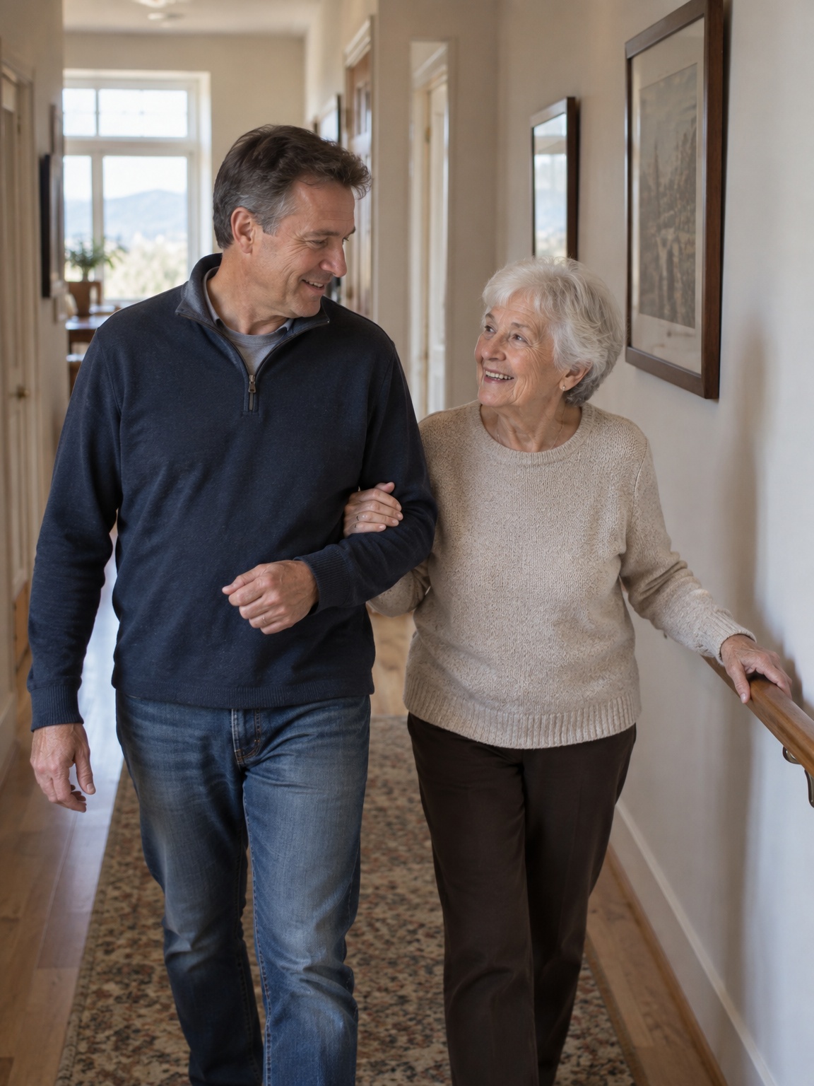 An adult son walks beside his mother down a bright hallway of her home, her hand on his arm and on the handrail.