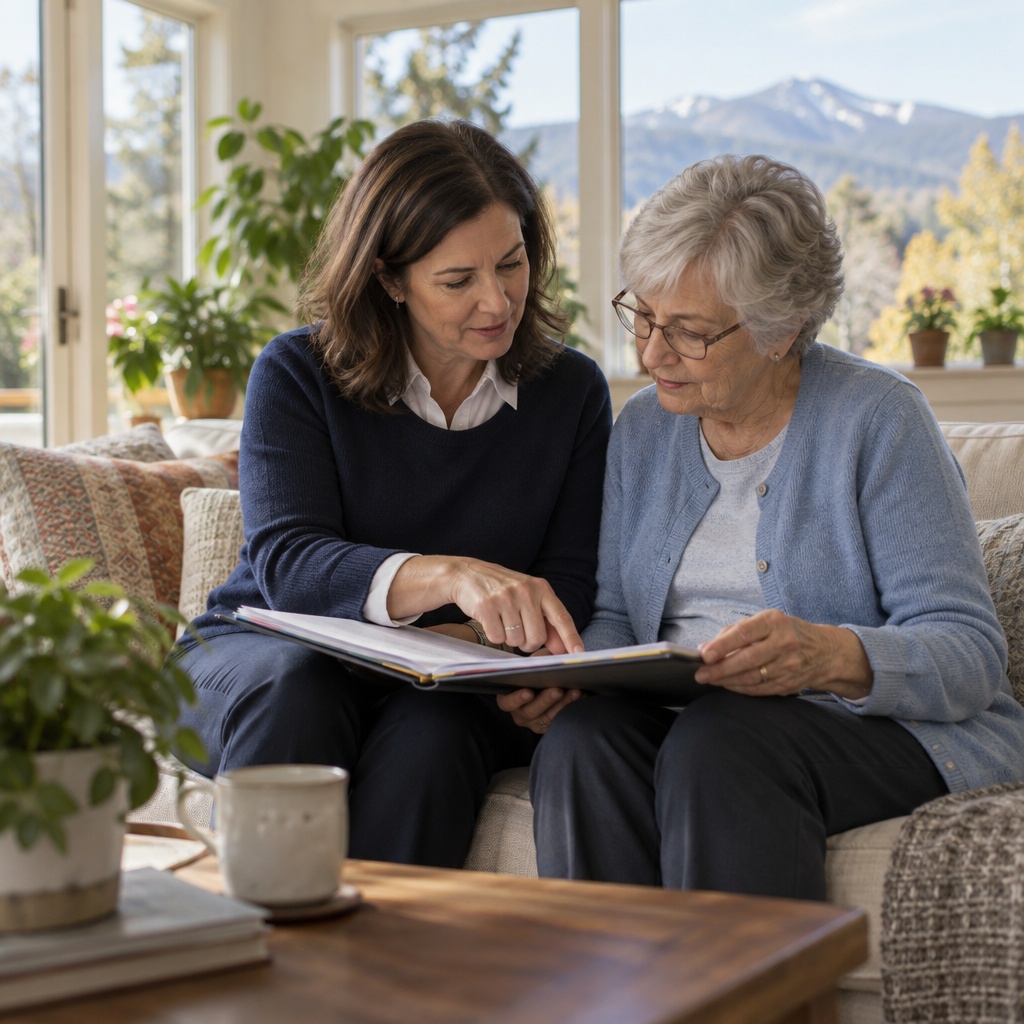An Accessum nurse and a woman in her seventies go through a folder together in a sunroom.