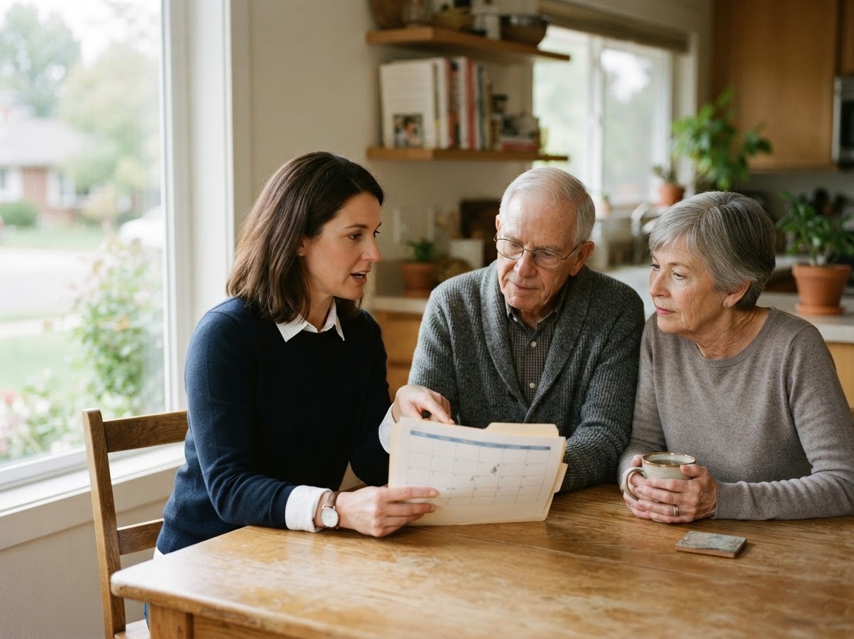 An Accessum nurse at a kitchen table with a married couple, going over the week ahead on a printed calendar.