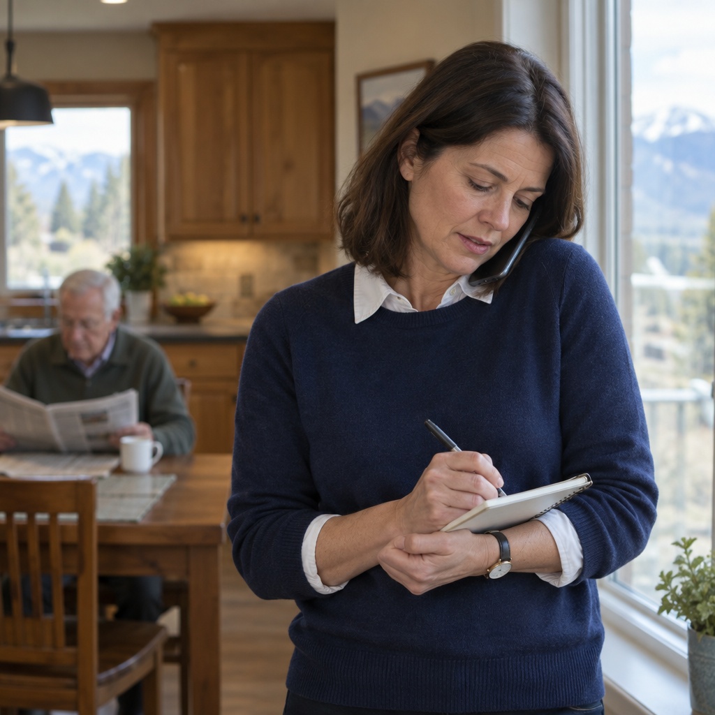 An Accessum nurse on the phone in a family's kitchen, writing in a notebook, the husband reading at the table behind her.