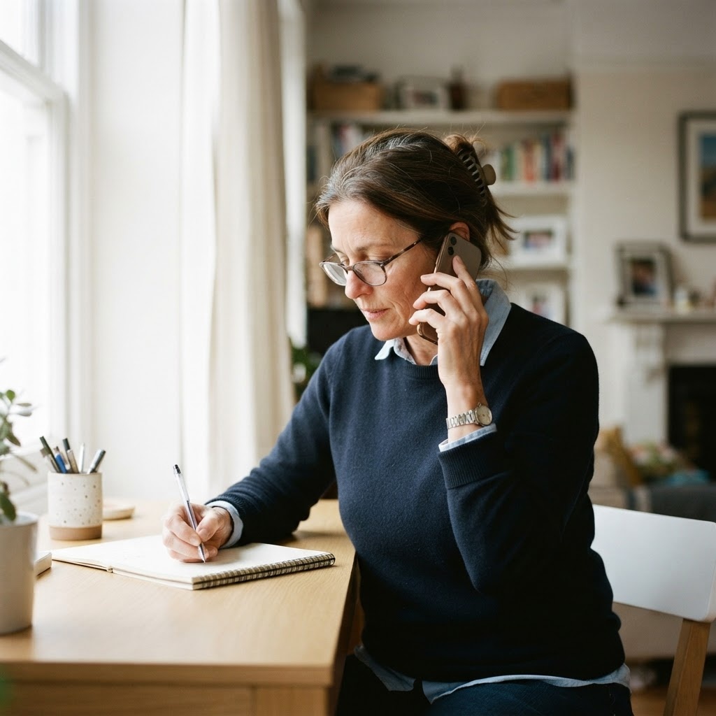 A woman on the phone at a desk by a window, writing in a notebook.