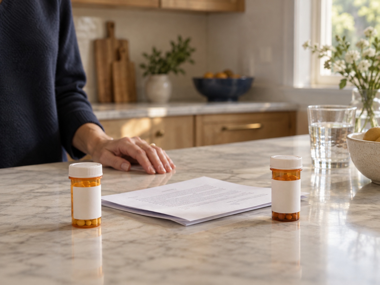 A hand beside paperwork and two medicine bottles on a kitchen counter.