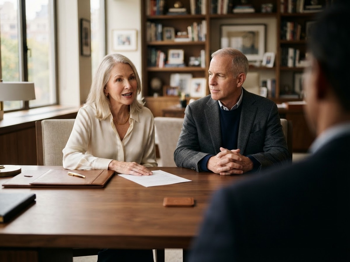 An older couple discussing a paper with another person across a desk.