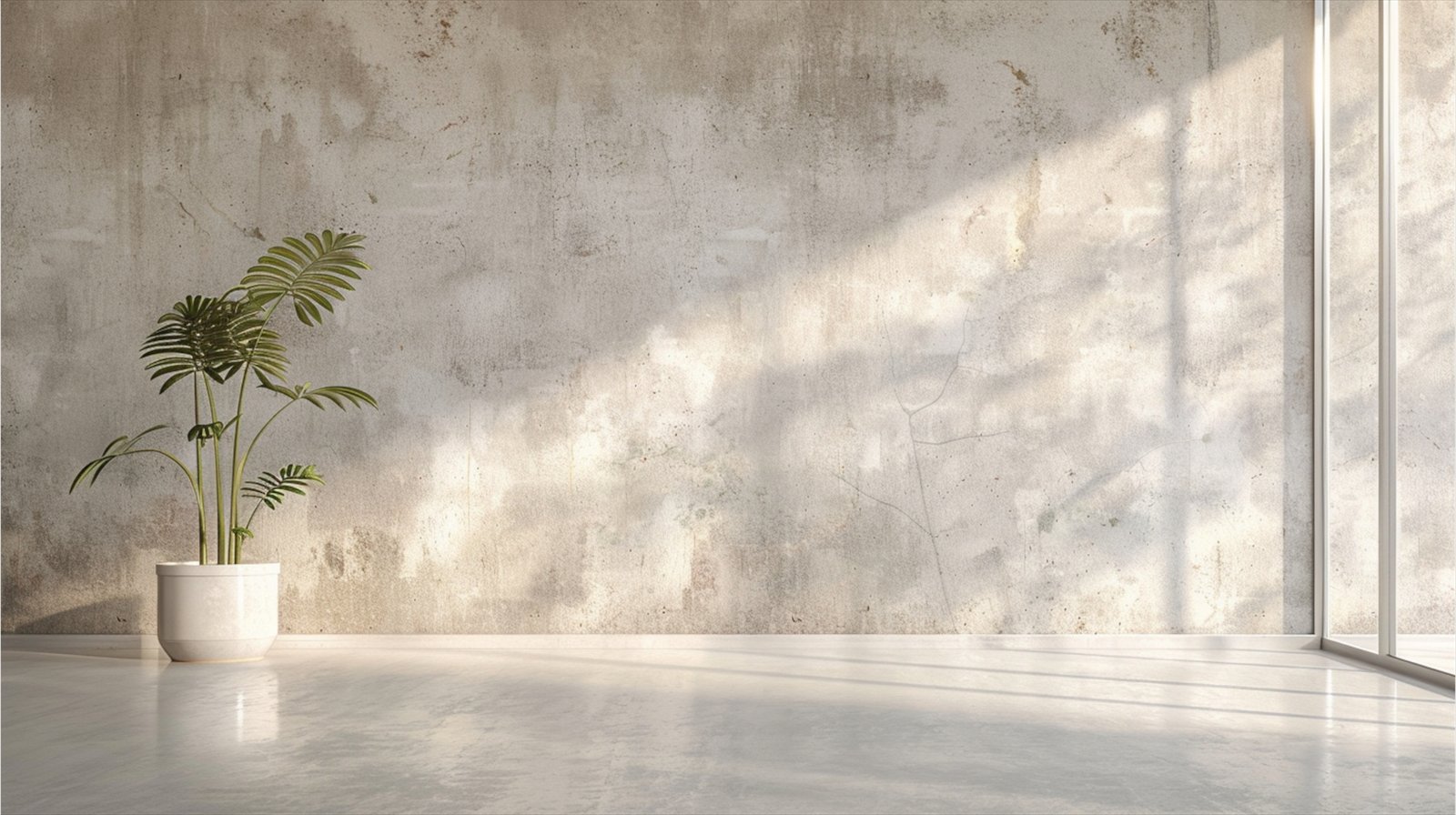 Sunlight crossing a textured wall beside a potted plant.