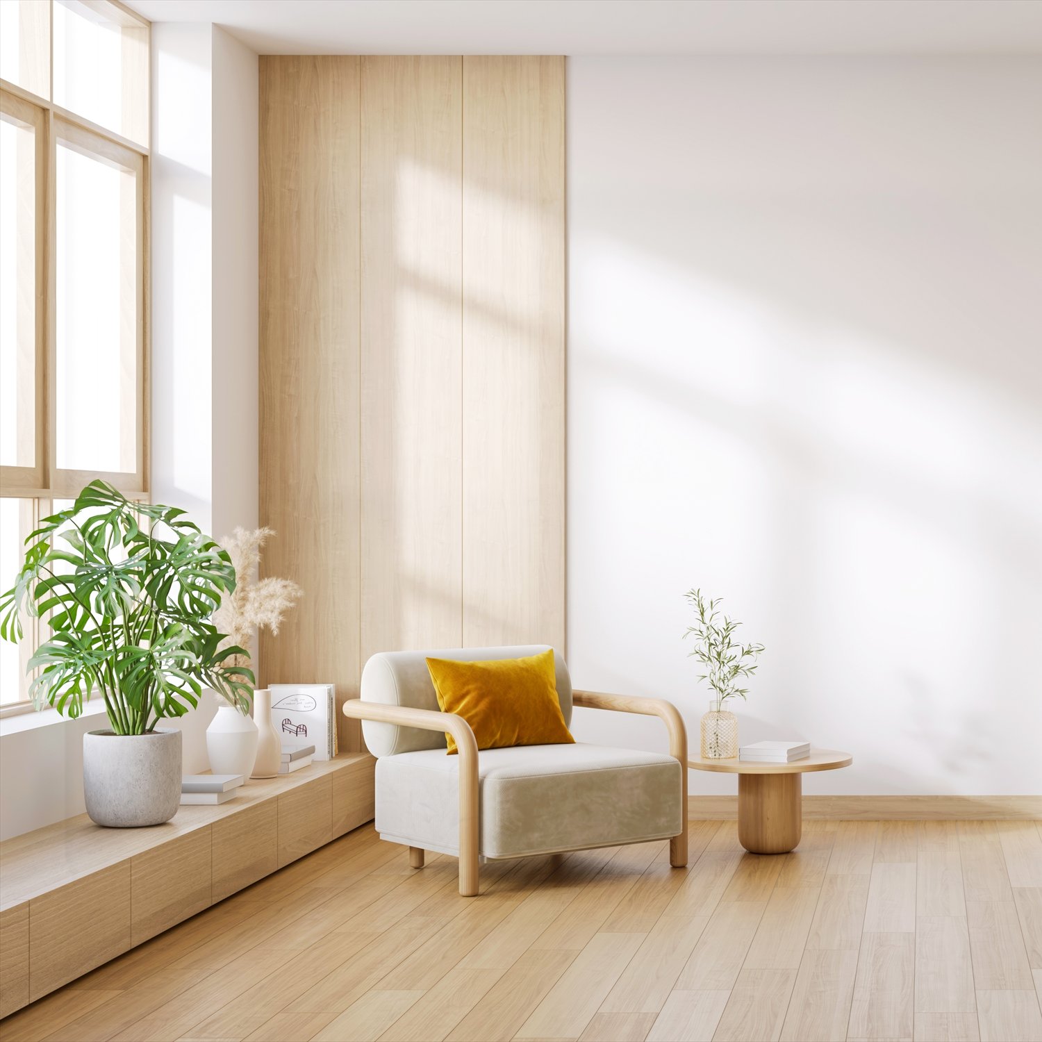 A chair and small table beside a bright window and plants.