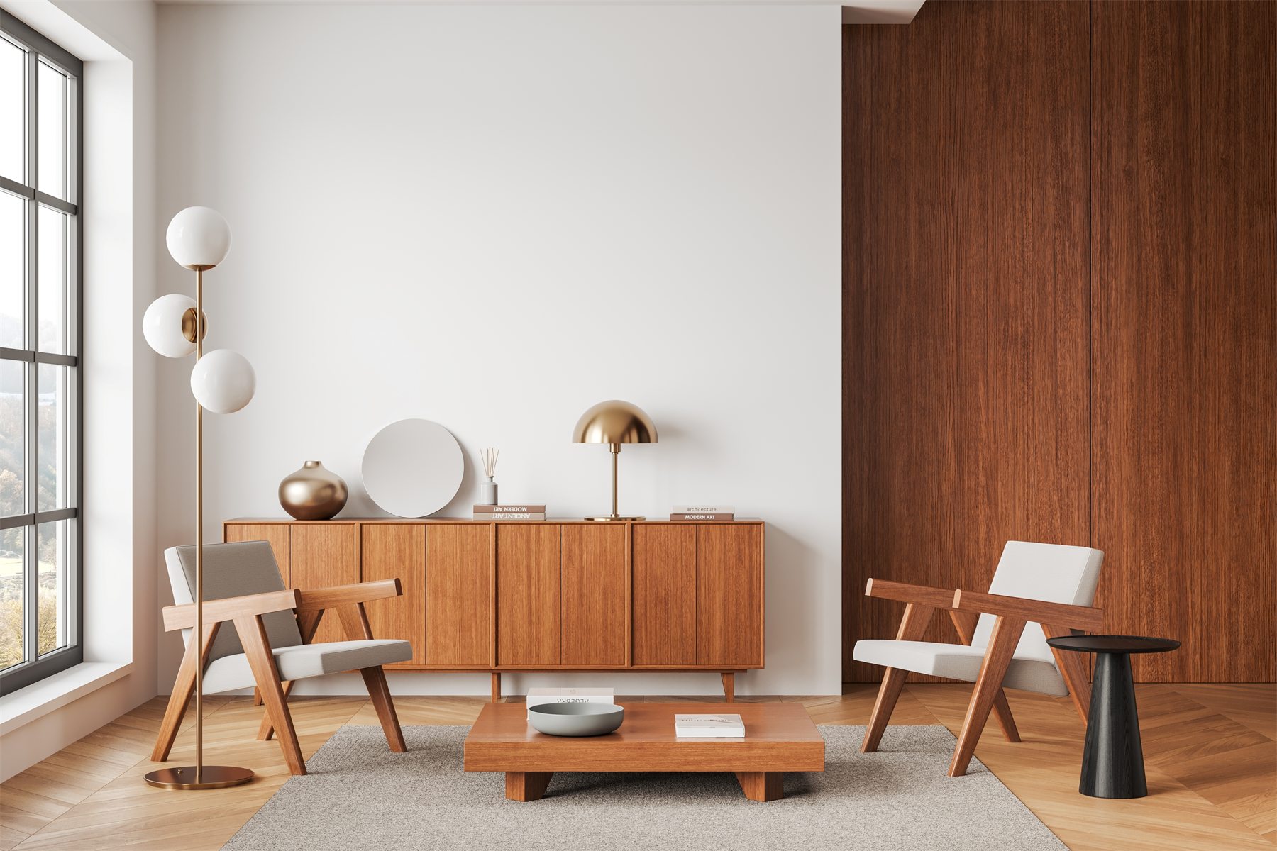 Two wooden chairs facing a low table in a bright sitting room.