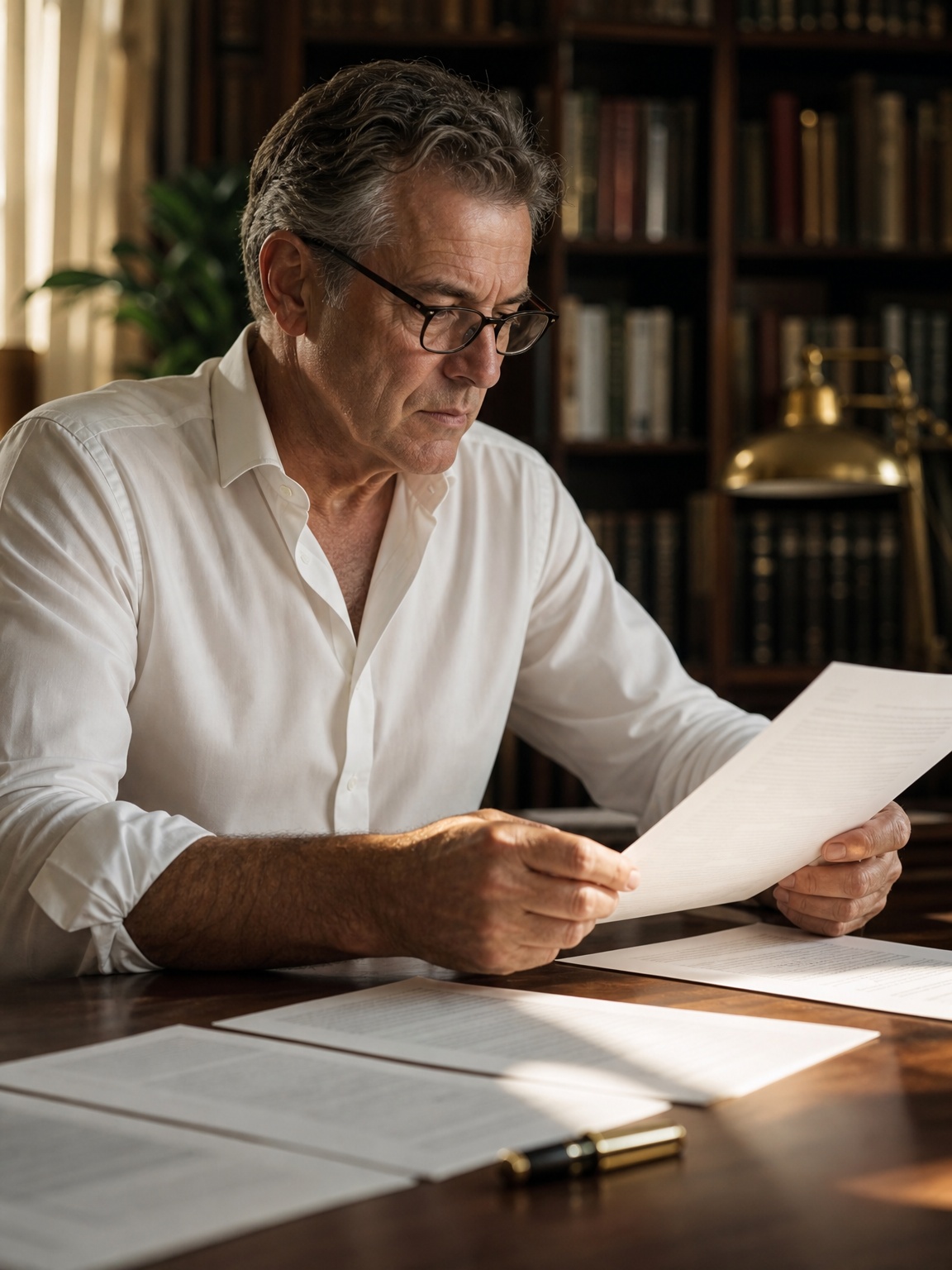A man in reading glasses studies a page at a walnut desk in a book-lined study, other pages laid out in front of him.