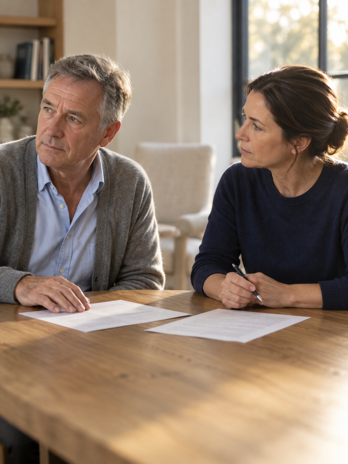 A nurse and a client sit side by side at an oak table with papers in front of them, both looking the same way.