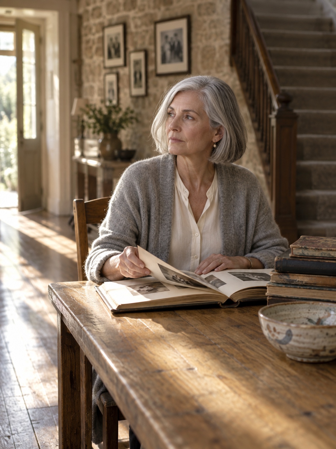 A silver-haired woman sits at a long oak table in the hallway of an old stone house, turning the pages of a family photo album, framed photographs on the wall behind her.