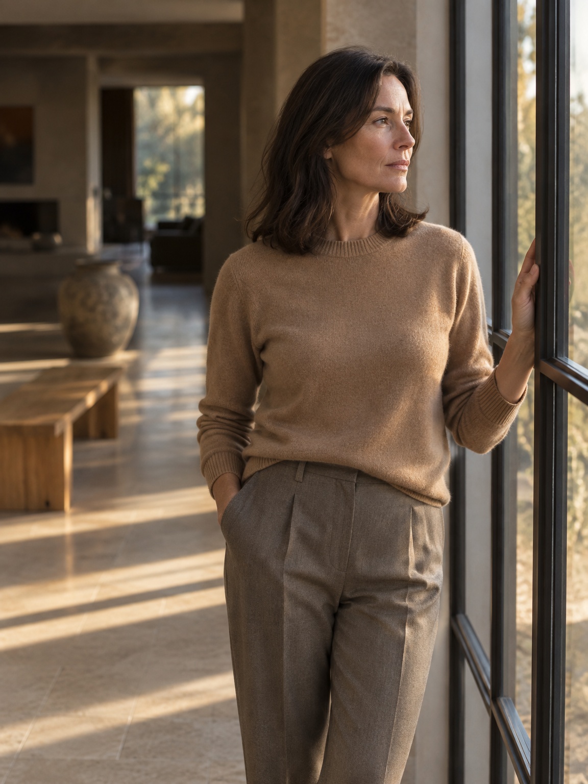 A woman in a camel sweater stands at a tall window in a quiet stone house, looking out in late-afternoon light.