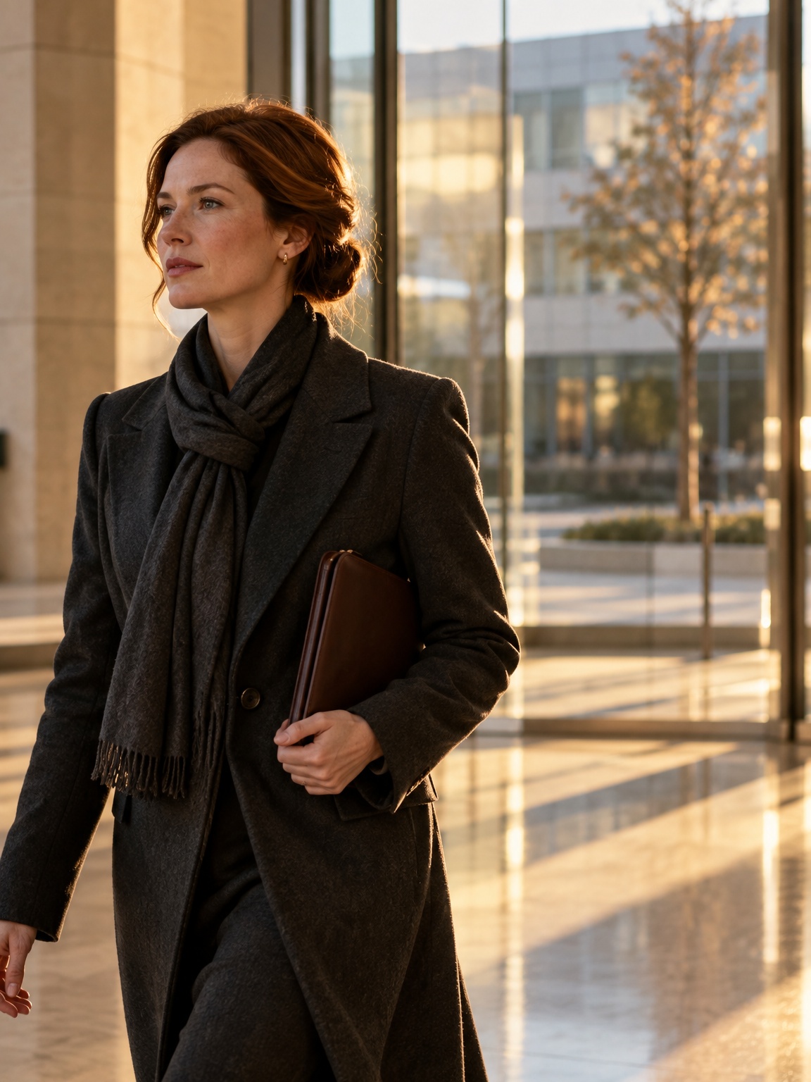 A woman in a dark wool coat and scarf walks through a glass-walled stone lobby in late-afternoon light, a leather folio under her arm.