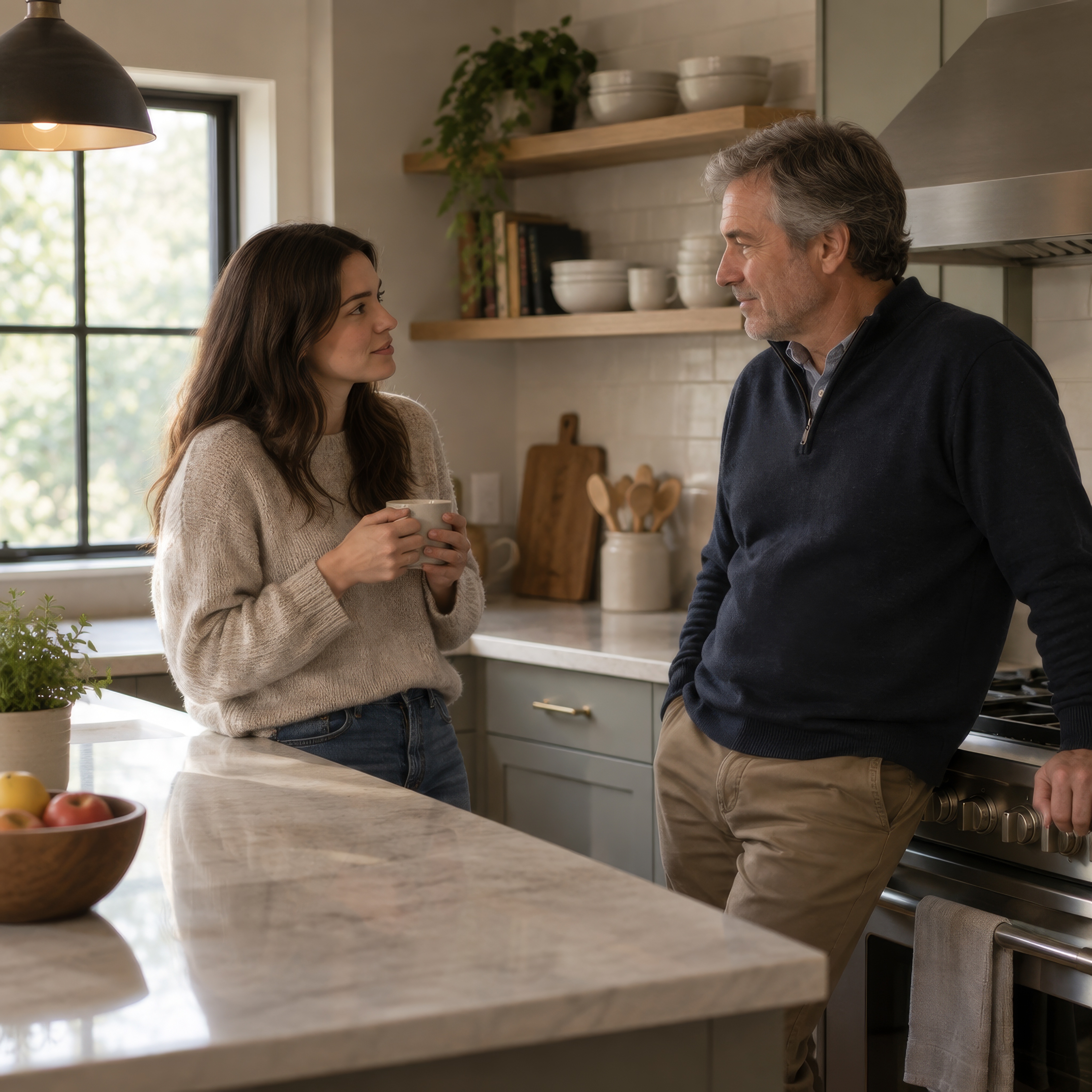 A father and his adult daughter talking in a kitchen.