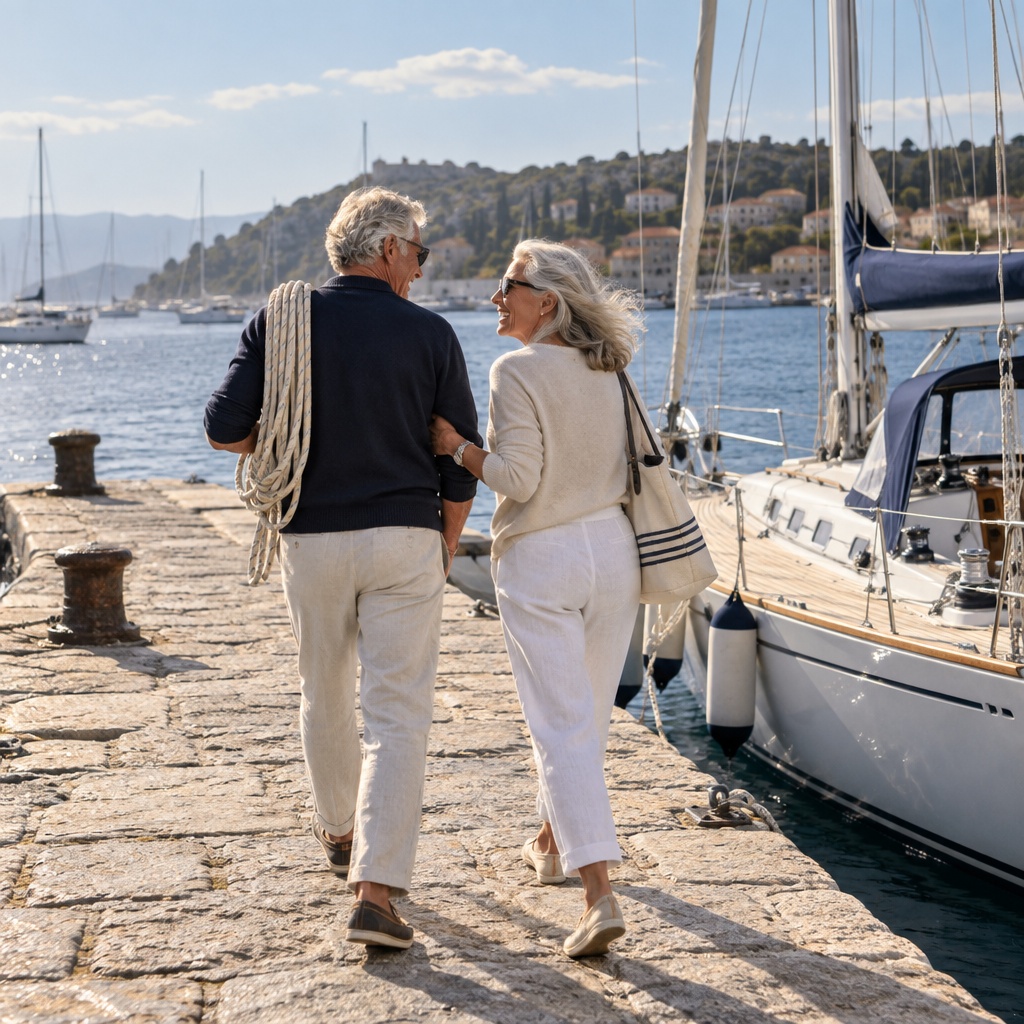 A couple in their seventies walking down a stone jetty toward their sailboat on a bright morning, seen from behind.
