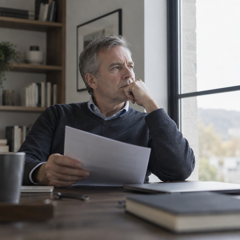 A man in his fifties holding a document, looking out of a window in thought.