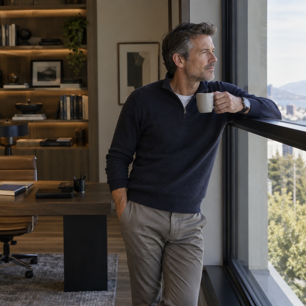 A man in his fifties at his office window, coffee in hand, looking out over the city.