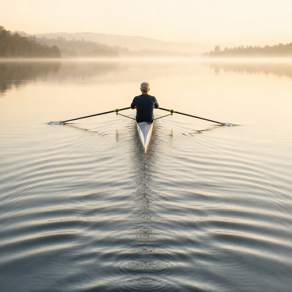 A single sculler at dawn on a still lake, seen from behind, his wake running back toward the viewer and the bow aimed at a misted shore.