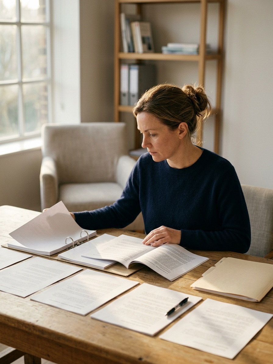 A nurse at a long table reads one page of a client's records, the rest laid out in a row.