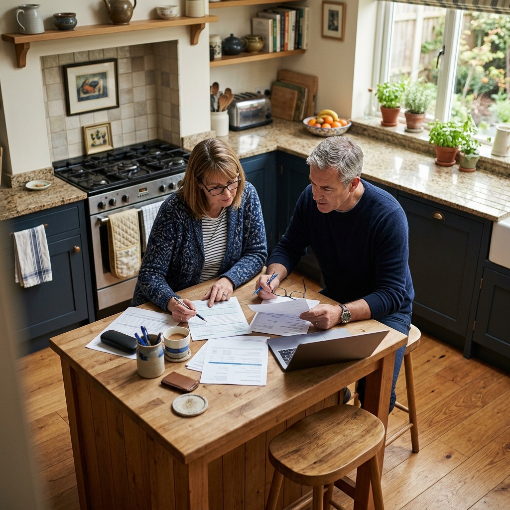 Two adults reviewing paperwork together at a kitchen table.
