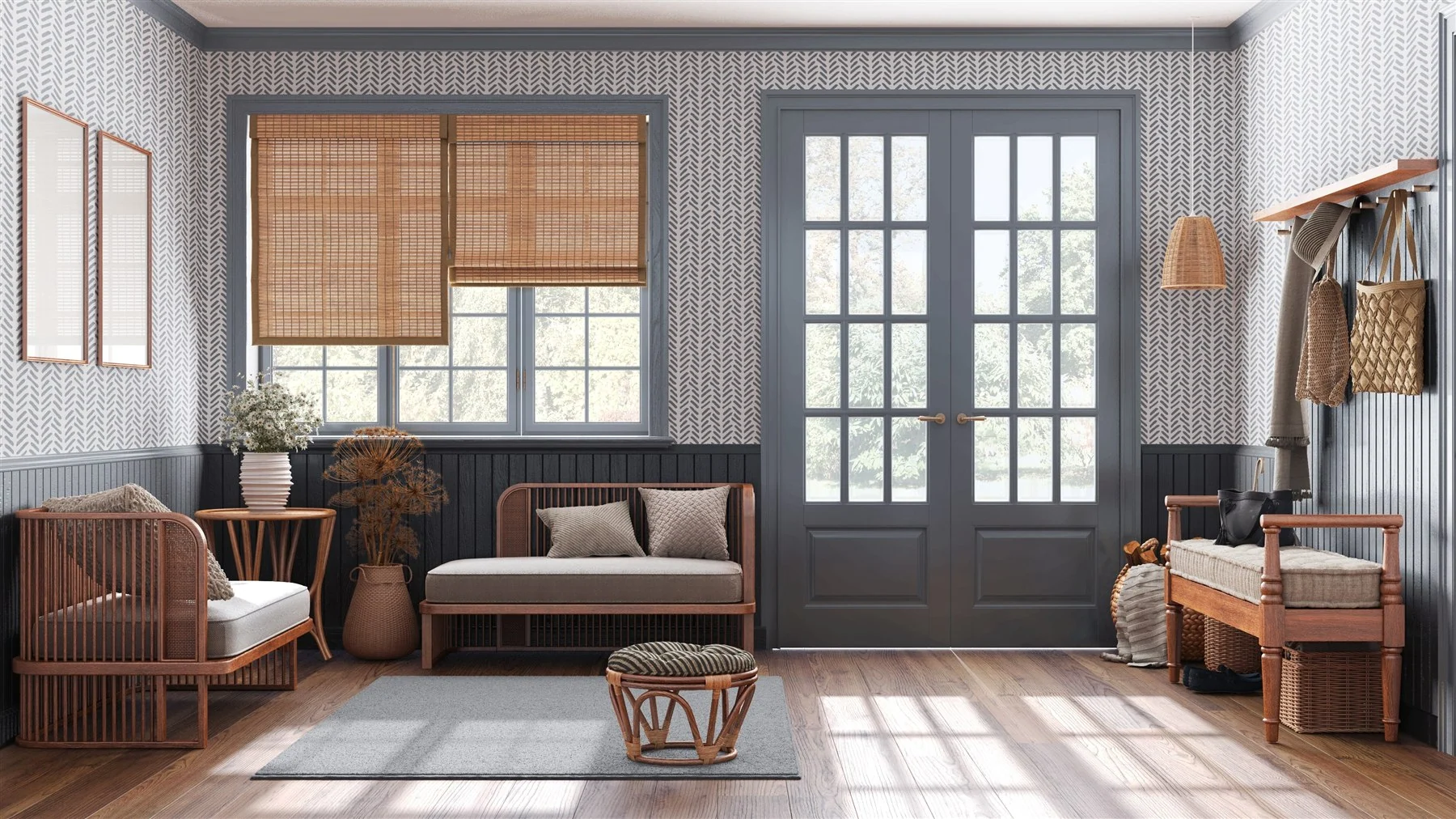 A furnished sitting room with blue walls, wood furniture, and daylight from a window.